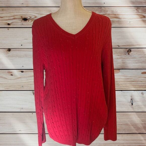 Large Red Cable Knit Sweater, Kim Rogers w/ pretty rainbow flecks in fabric - Picture 3 of 6